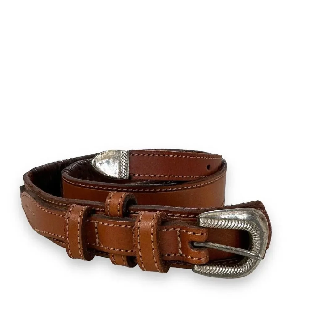 Unisex Western Belt Sz S/M 3D Brown Leather Silver Buckle Braided Details